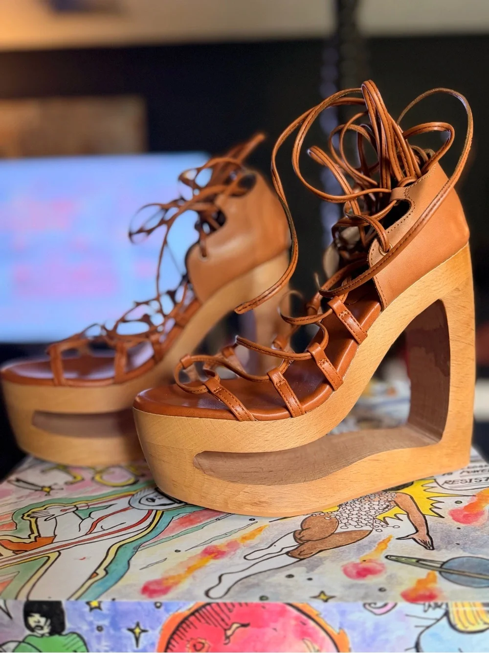 Jeffrey Campbell Tan BLAZE-UP Lace-Up Platform Wooden Wedge